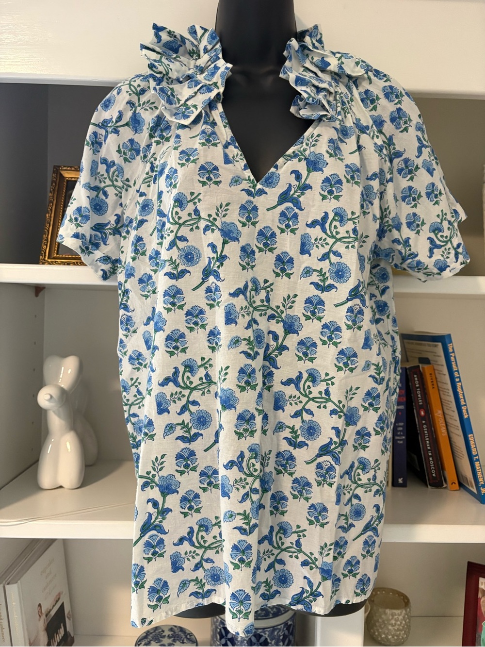 Saule Parc Blue Floral Ruffle Neck Tunic Blouse